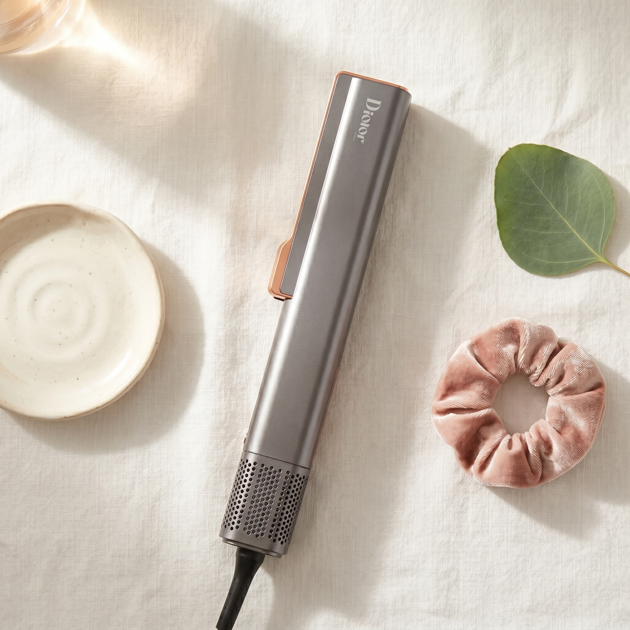 DIOSTRAIT Luftglätter Flatlay auf Leinen mit Eukalyptus und Vanity-Props