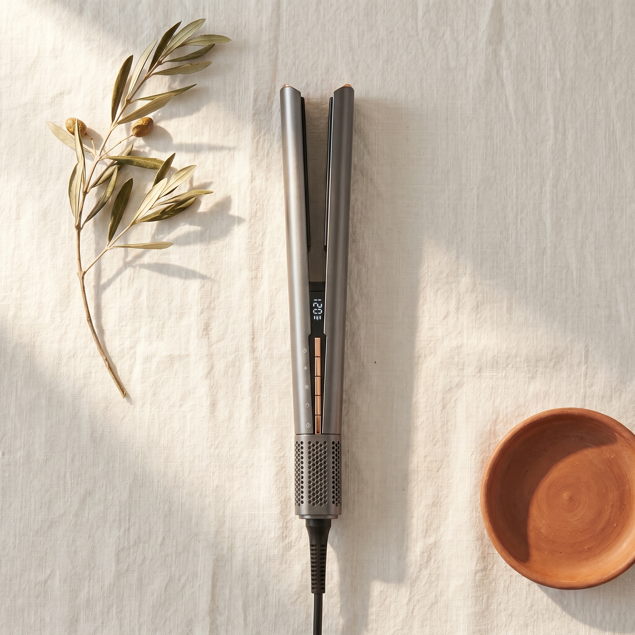 DIOSTRAIT Luftglätter Flatlay mit Olivenzweig und Terrakotta — mirrored composition